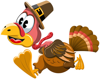 cartoon turkey with pilgrim hat in a hurry